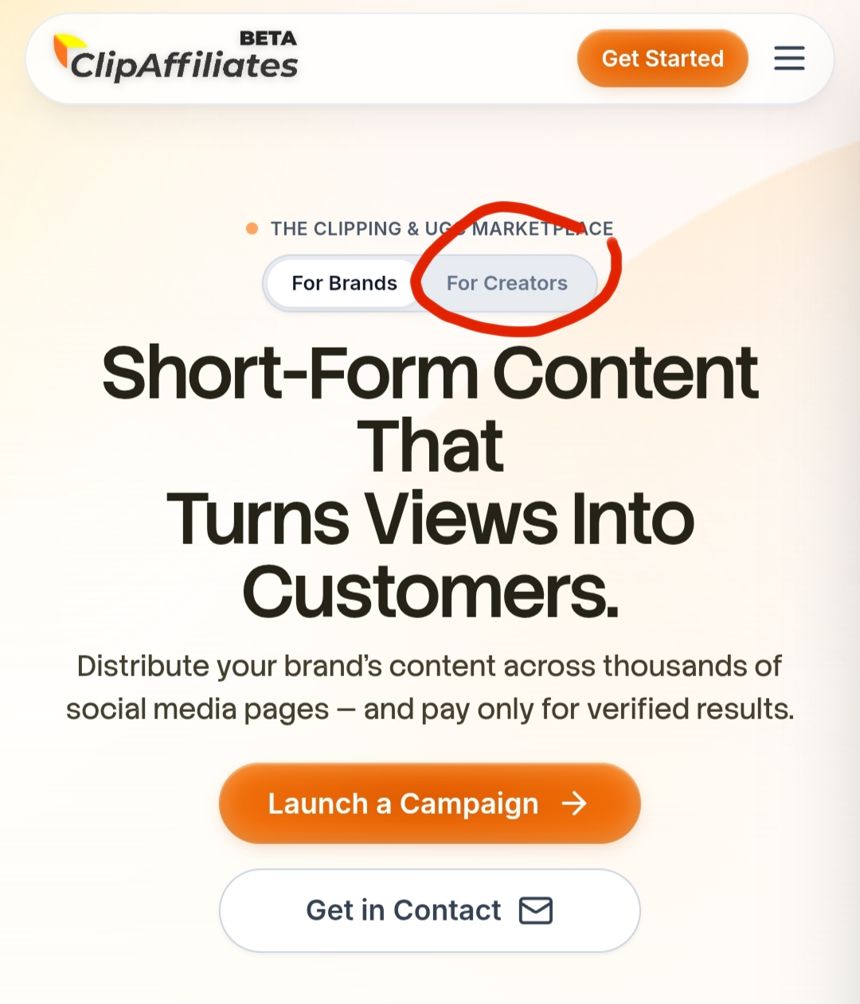 Tab For Creators di halaman utama ClipAffiliates