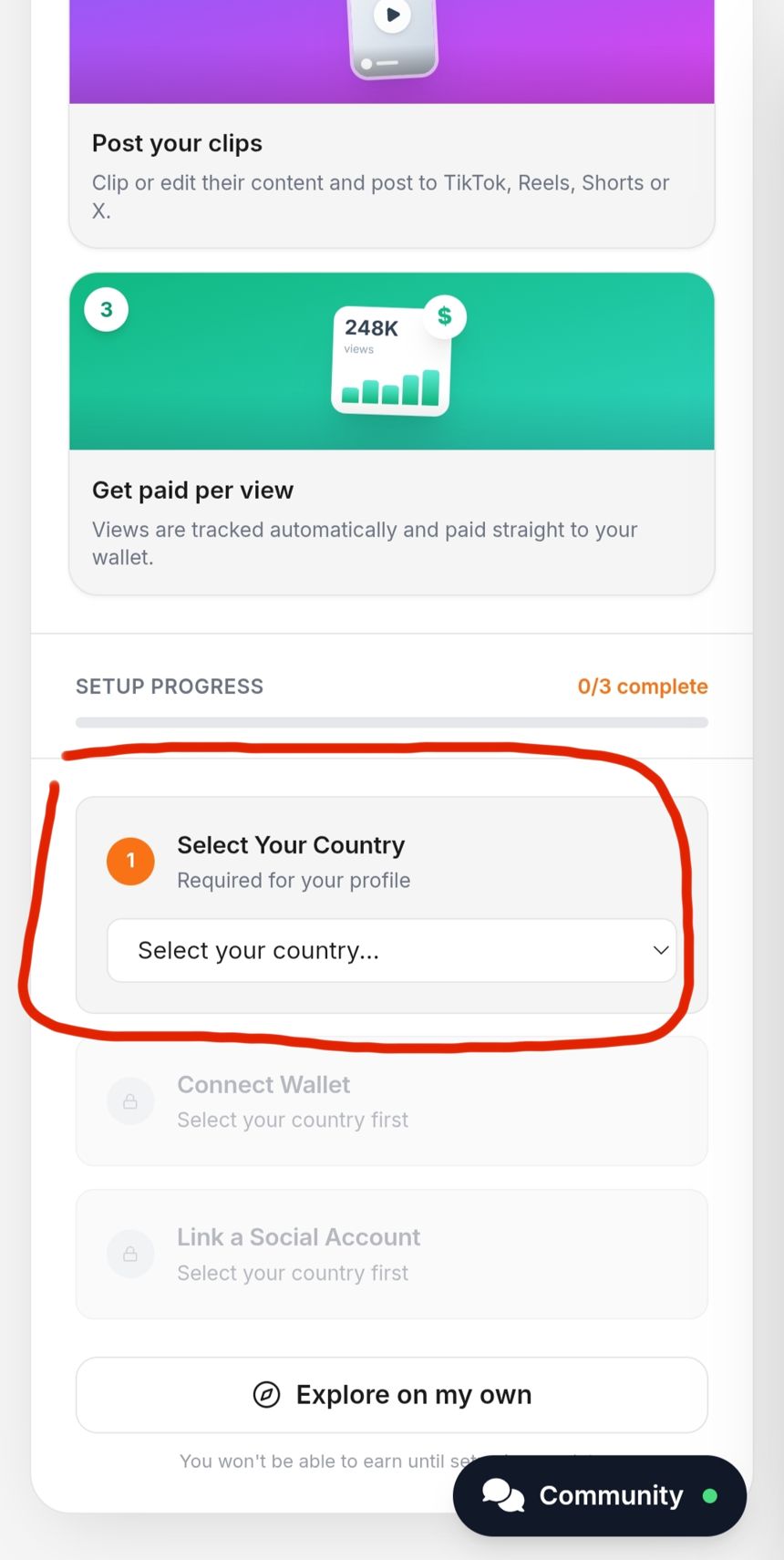 Setup Progress ClipAffiliates - Select Your Country