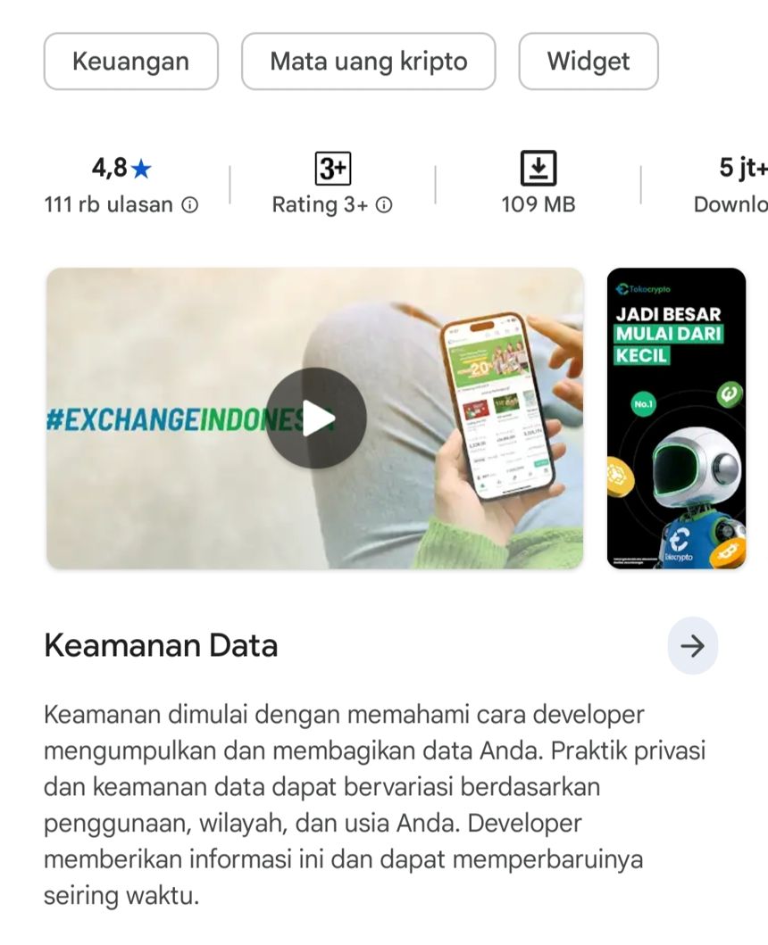 Aplikasi Tokocrypto di Play Store dengan rating 4.8