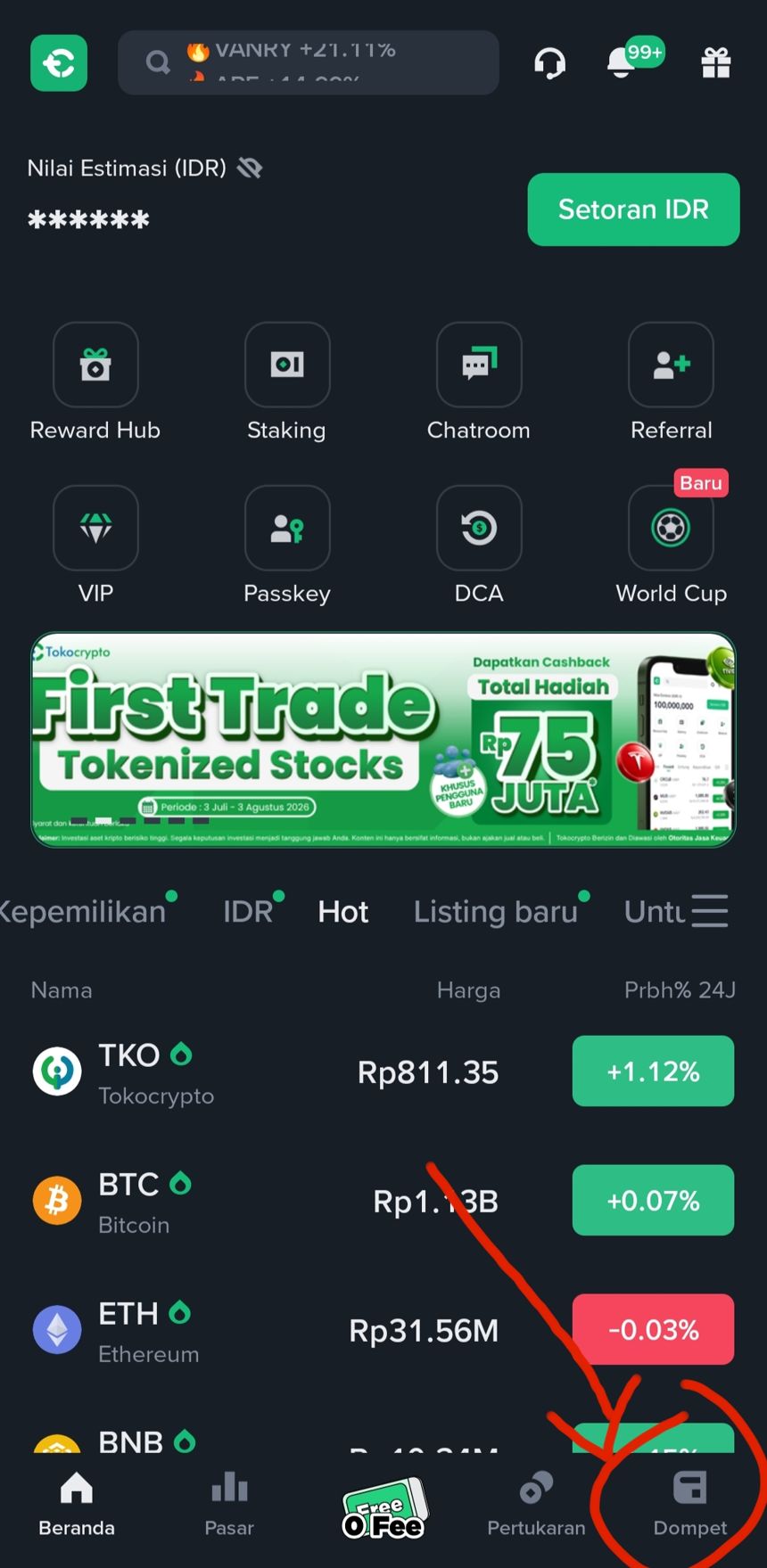 Menu Dompet di aplikasi Tokocrypto