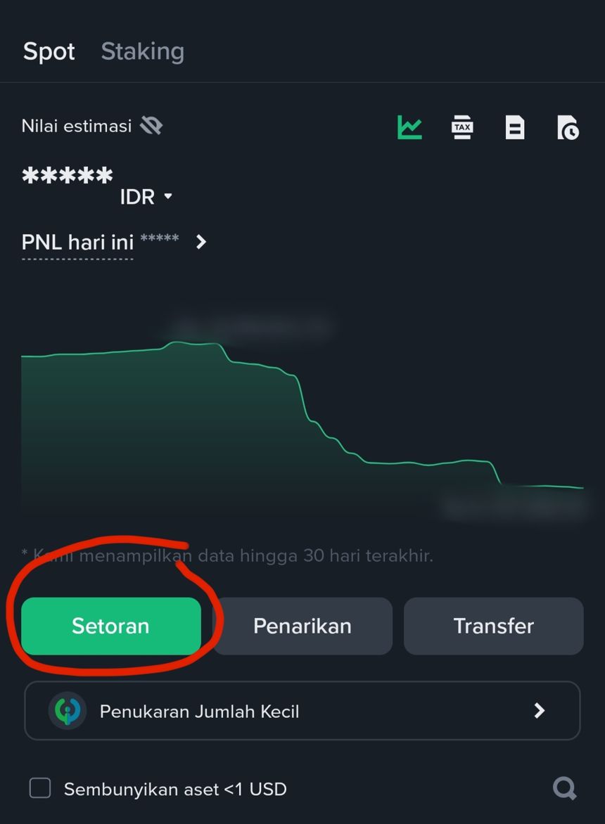 Tombol Setoran di tab Spot Tokocrypto