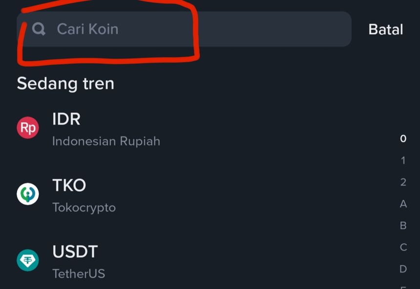 Kolom pencarian Cari Koin di Tokocrypto