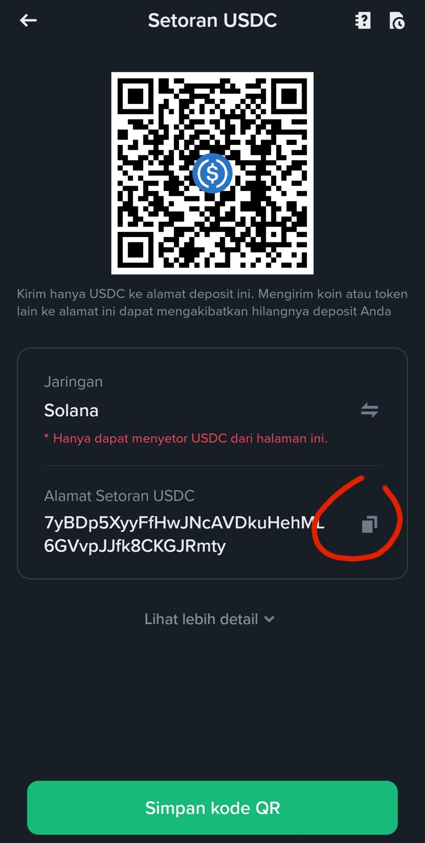 Alamat Setoran USDC Solana dengan ikon salin