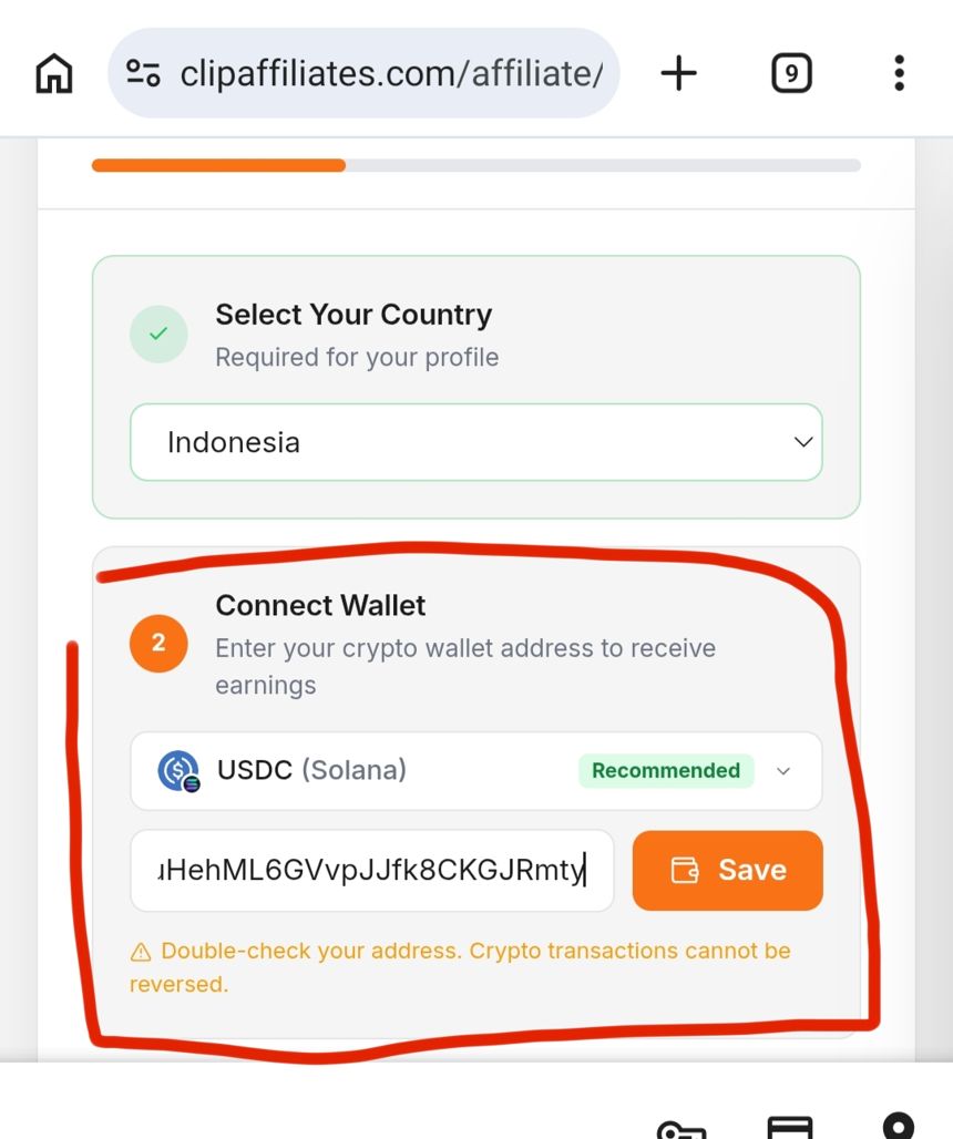 Connect Wallet di ClipAffiliates dengan alamat USDC Solana
