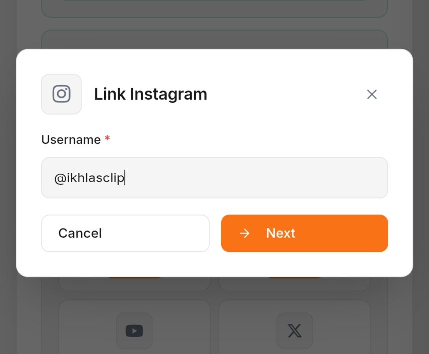 Pop-up Link Instagram dengan kolom username