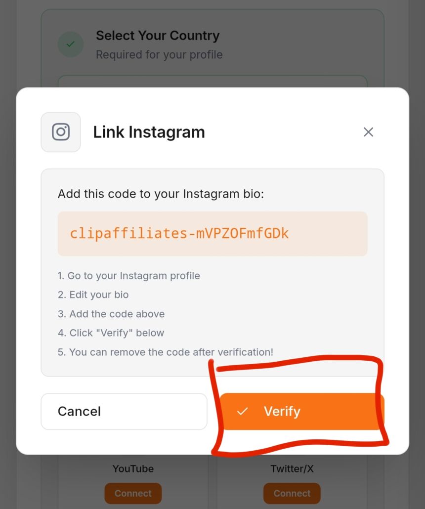 Tombol Verify di pop-up Link Instagram