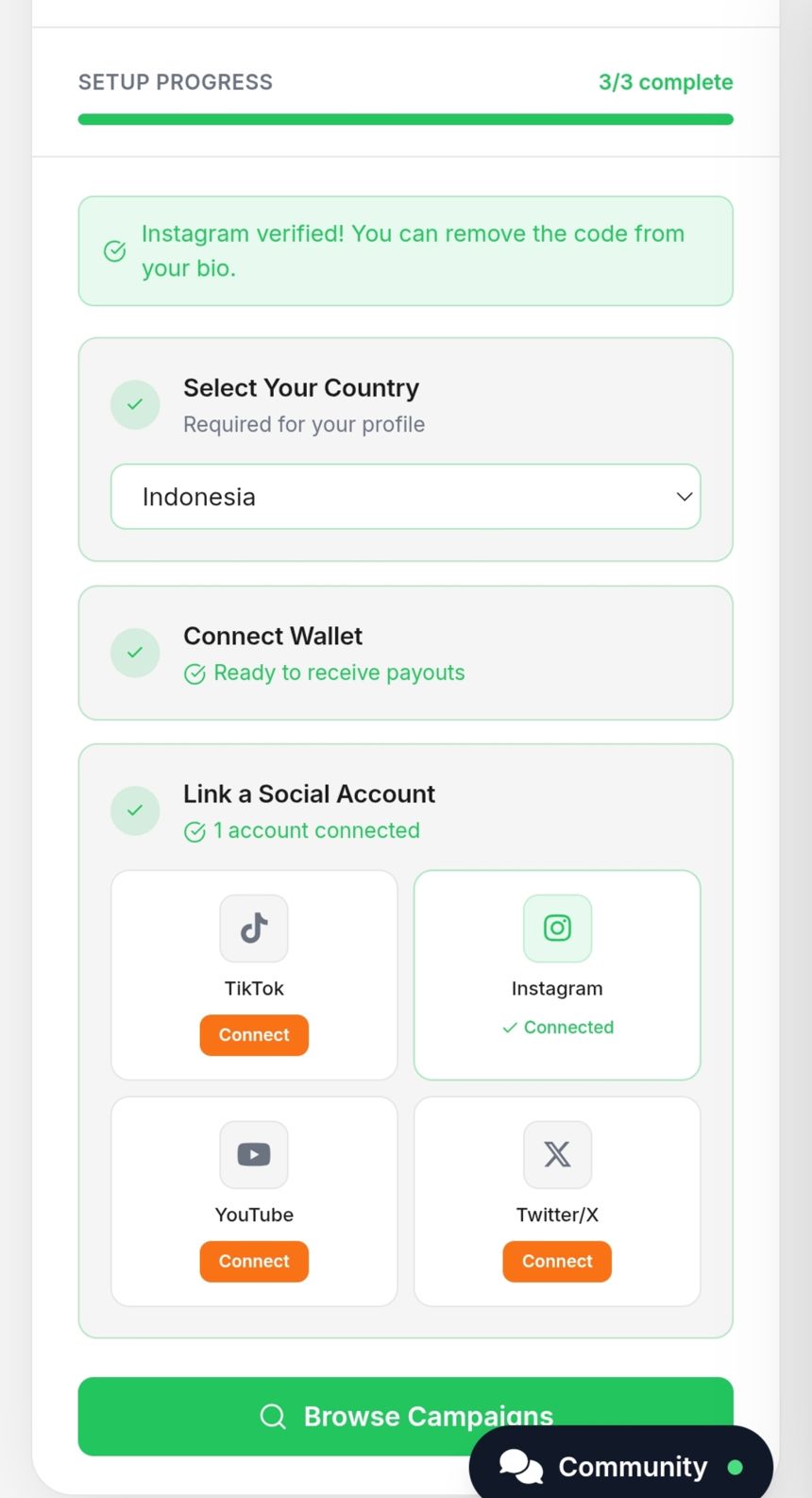 Notifikasi hijau Instagram verified di ClipAffiliates