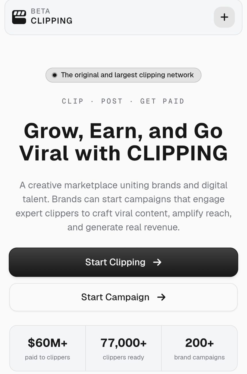 Halaman depan clipping.net dengan statistik $60M+ dibayarkan, 77.000+ clipper, 200+ campaign