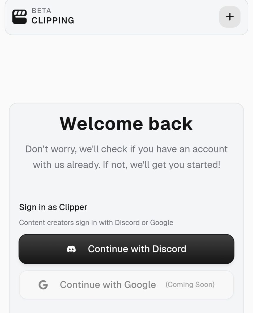 Tombol Continue with Discord di clipping.net