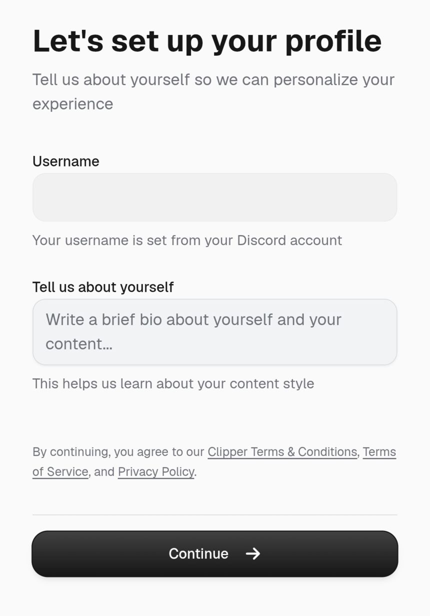 Halaman Let's set up your profile di clipping.net