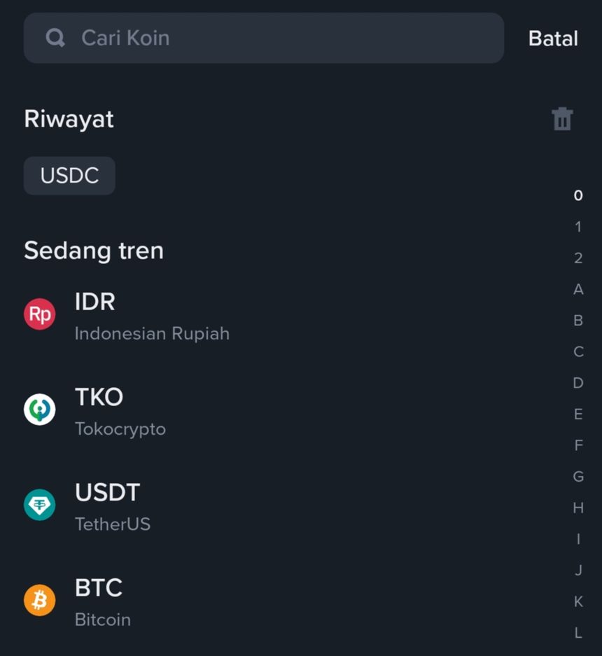 Mencari koin USDT di kolom pencarian