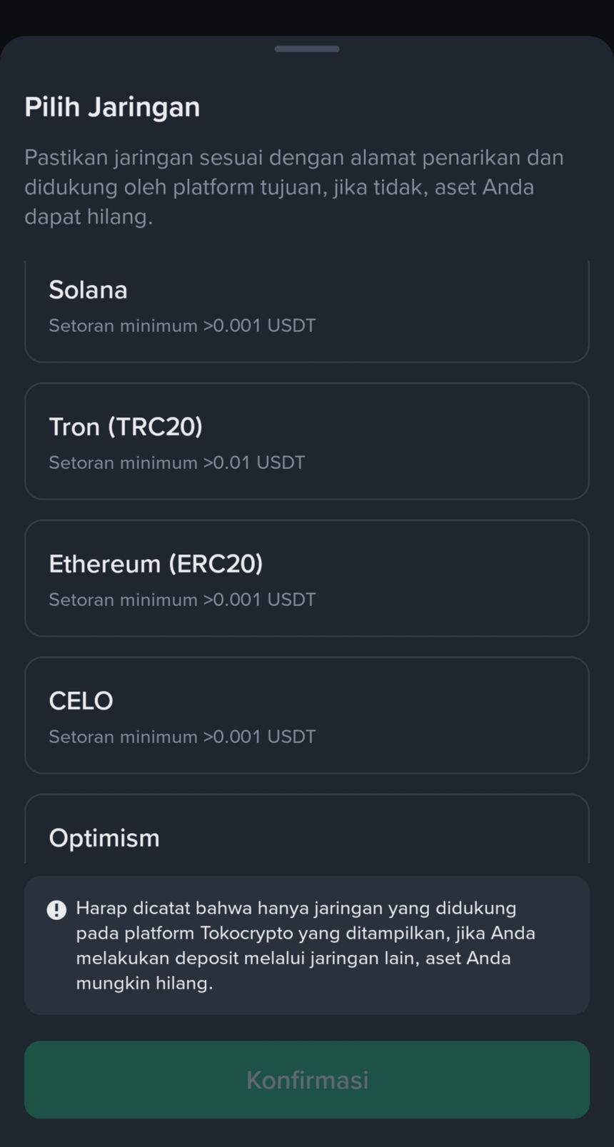 Memilih jaringan Ethereum ERC20 di Tokocrypto