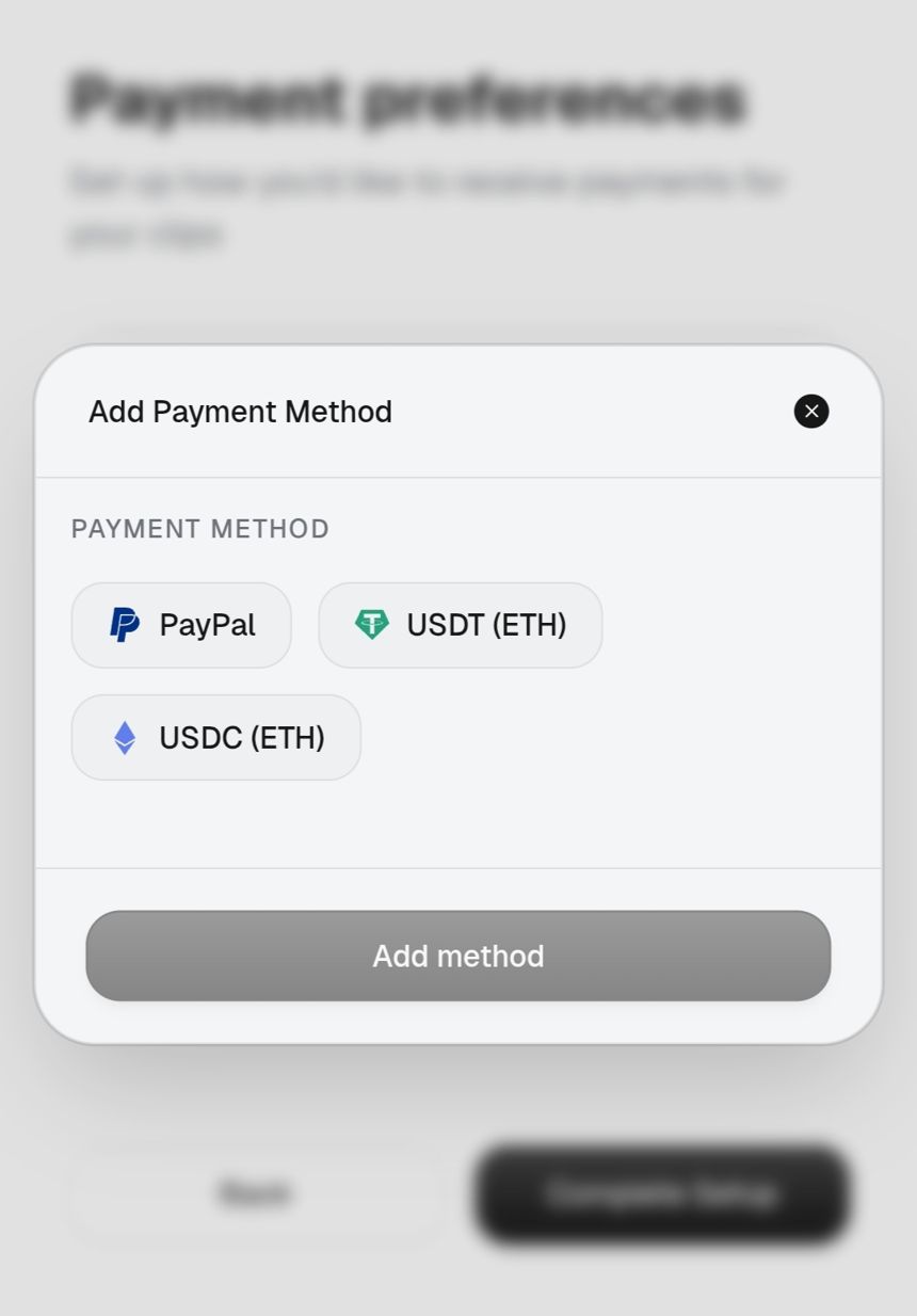Pilihan metode pembayaran PayPal, USDT ETH, USDC ETH