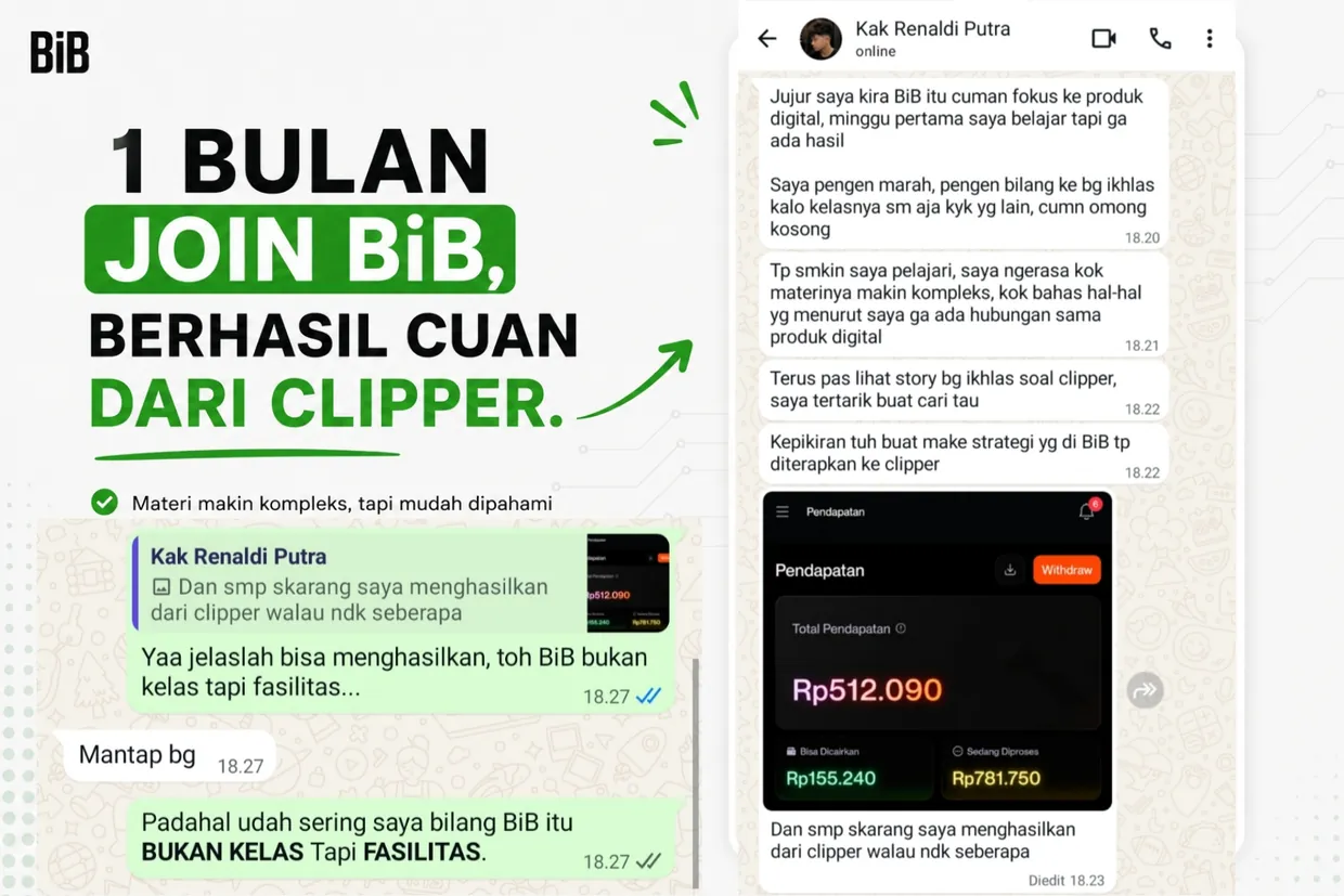 Testimoni member BiB — Kak Renaldi: 1 bulan join BiB, berhasil cuan dari clipper