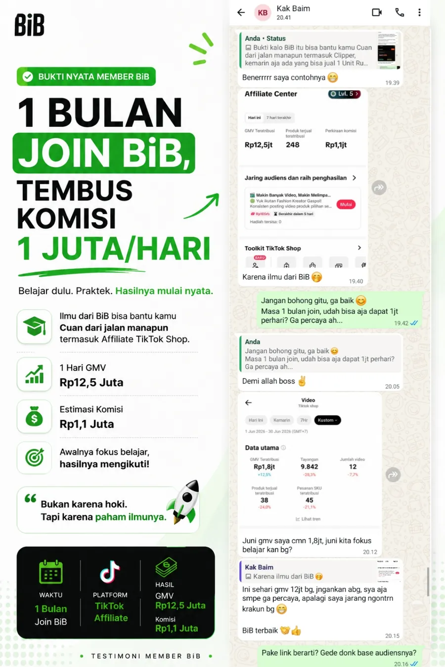 Testimoni member BiB — Kak Baim: 1 bulan join BiB, tembus komisi 1 juta per hari dari TikTok Affiliate