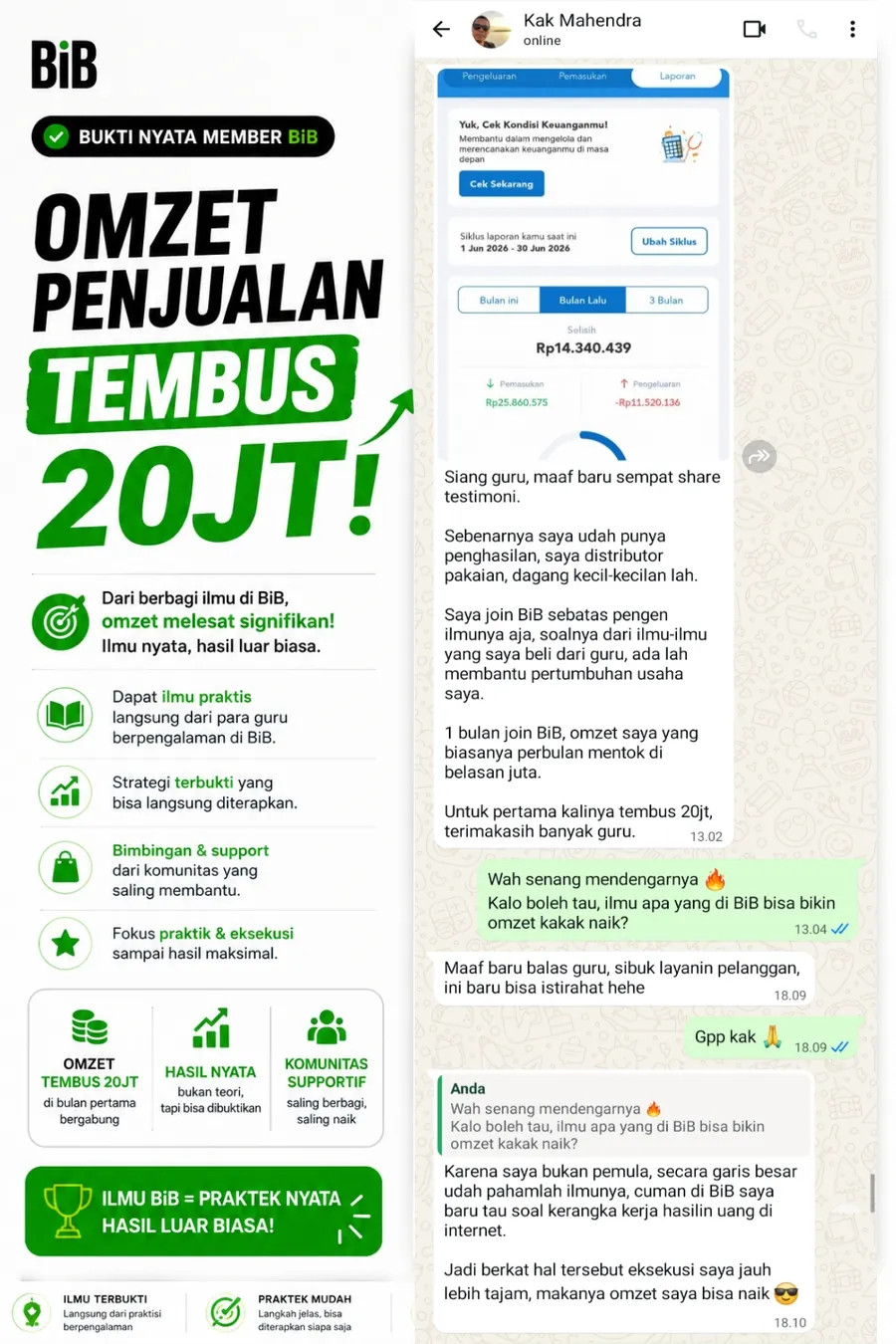 Testimoni member BiB — Kak Mahendra: omzet penjualan tembus 20 juta lebih di bulan pertama bergabung