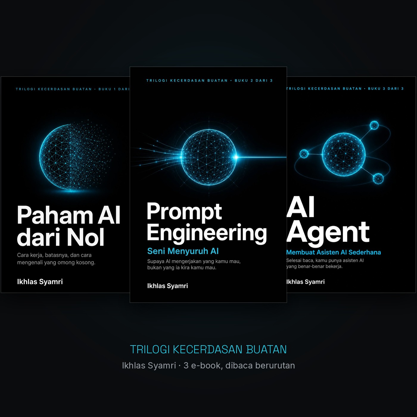 Tiga sampul Trilogi Kecerdasan Buatan: Paham AI dari Nol, Prompt Engineering, dan AI Agent